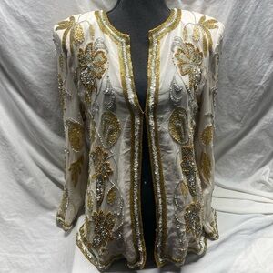 Vintage Rina Z beaded sequin silk jacket sz L Cream Silver Gold Floral -RARE-